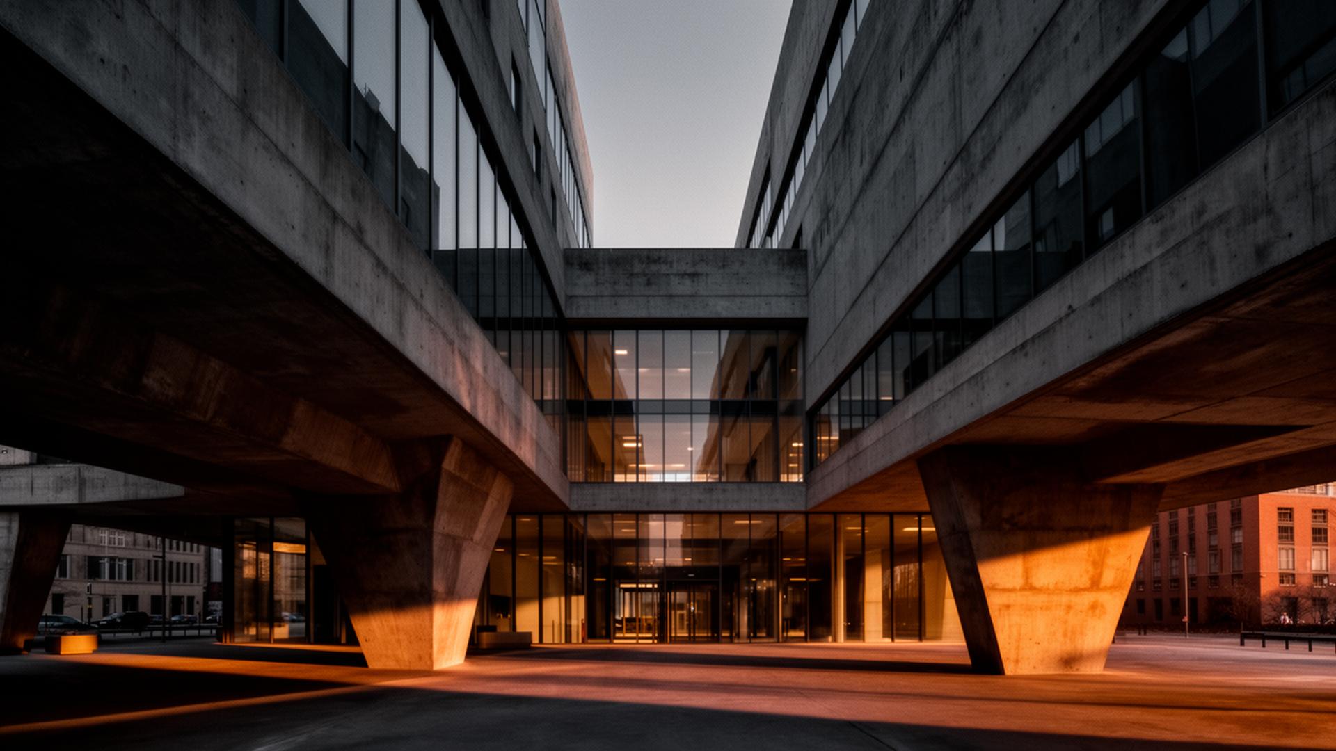 Architectural concrete and glass infrastructure at dusk